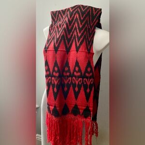 Makana Woven Red and Black Patterned Scarf/Shawl with Fringe.
